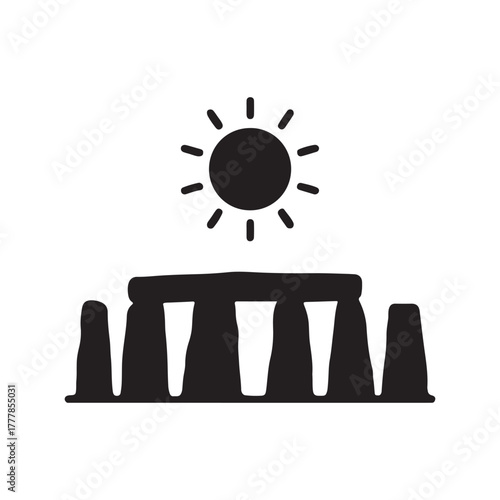 Ancient stone silhouettes aligned beneath a bold sun disk icon vector on white background