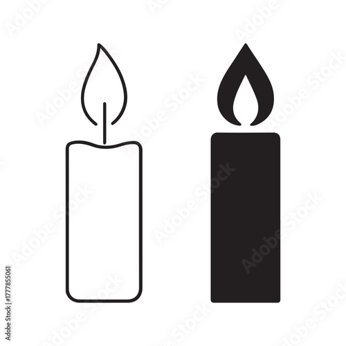 Burning candle icon set in outline and silhouette styles, isolated on a white background