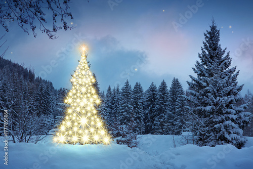 Christmas background with golden fir tree in a winter forest.