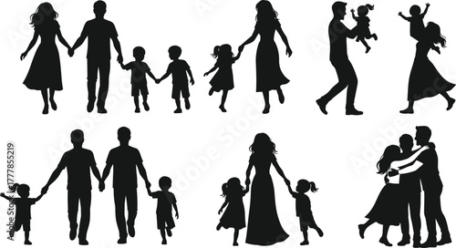 Family silhouettes, parents and children, walking, playing, bonding, black vector, togetherness, love, unity, parenting, lifestyle, relationships, happiness, support, caring