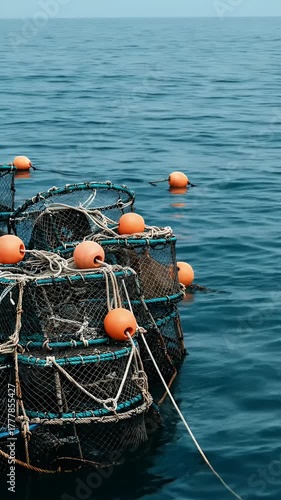 Lobster Traps Floating Calmly in Blue Ocean Water
