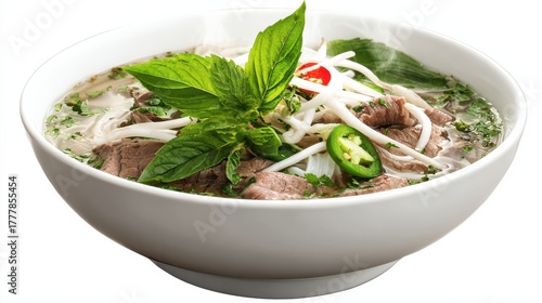 Vietnamese pho noodle soup close-up, rustic wooden table, clear broth, rice noodles, beef, fresh herbs, bean sprouts, lime, chili, authentic cuisine, food photography, restaurant menu promotion.