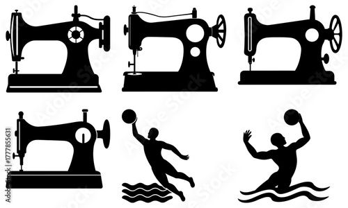 Collection of vintage sewing machine silhouettes and water polo players in black and white design