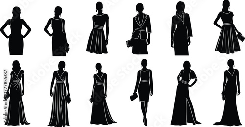 Fashion silhouette collection, stylish women in dresses, black vector art, outfit variety, modern design, elegance, accessories, garment diversity, pose
