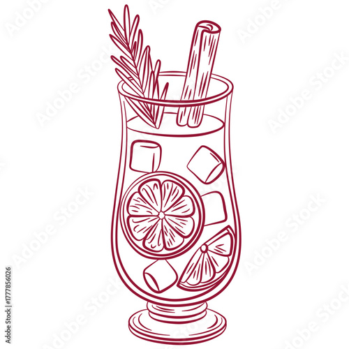 Christmas mulled wine glass with rosemary and cinnamon. Glass for Xmas, New year or winter holidays. Vector line art winter drink. Glass of ice wassail with cinnamon