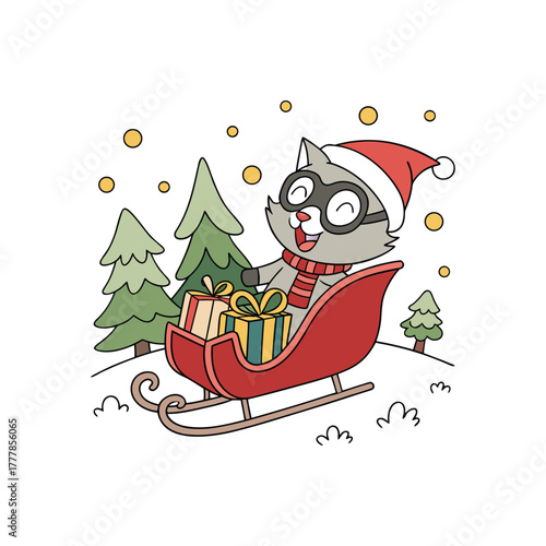 Cute cartoon cat wearing santa hat and goggles riding a sleigh with presents