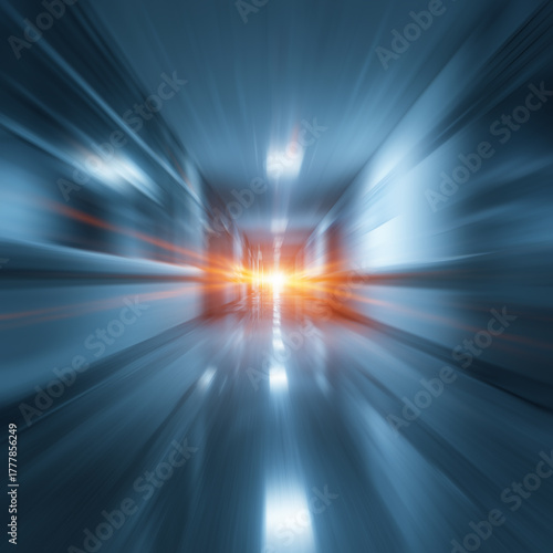 Abstract view of a hospital hallway with blue tones and a bright orange light at the end, symbolizing urgency, hope, or near-death experience