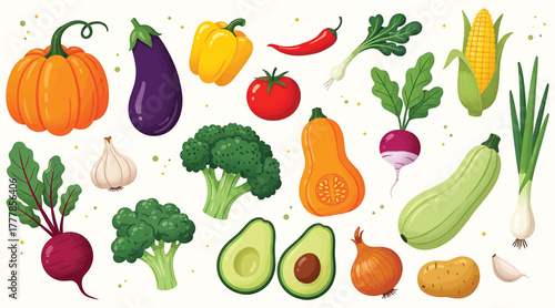 A vibrant and colorful assortment of fresh vegetables, including pumpkin, eggplant, pepper, tomato, broccoli, avocado, corn, onion, garlic, and zucchini isolated on white background