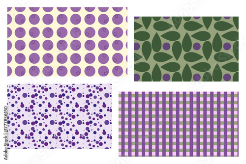Seamless abstract blueberry and geometric pattern set in purple and green colors. Modern botanical design. 