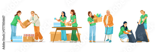 Group of volunteers distributing food, helping elderly, and cleaning environment, flat cartoon style on white background. Concept of charity. Vector illustration