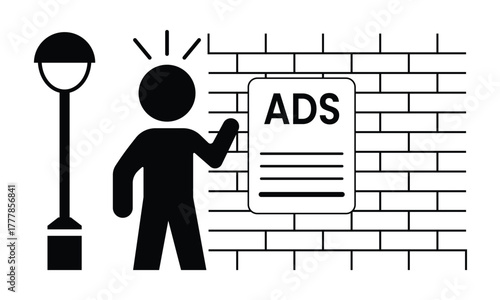 Street Marketing Vector — Black-and-White Illustration of Person Interacting with Ad Flyer