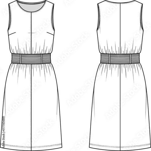 Technical fashion illustration, sleeveless dress design, front and back view, garment construction, sewing pattern, apparel sketch, fashion template, vector