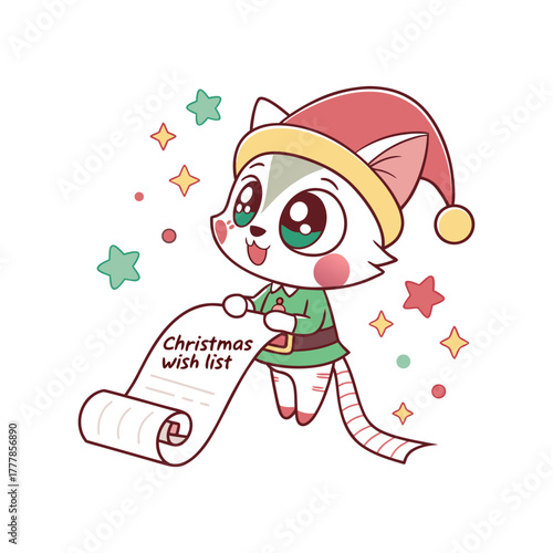 Cute cartoon cat elf holding a christmas wish list with stars