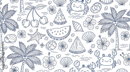 A charming nautical pattern featuring palm trees, crabs, seashells, watermelon, cherries, and starfish in a delightful handdrawn style on white background