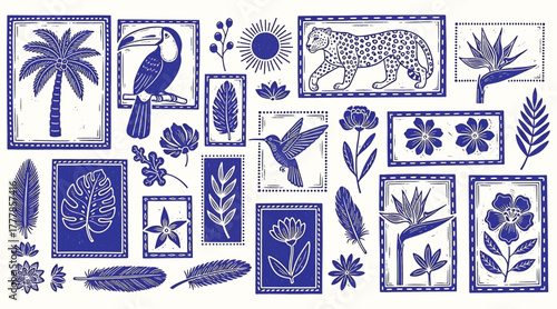 An intricate collection of blue and white tropical stamps featuring a toucan, jaguar, hummingbird, palm tree, flowers, and leaves isolated on white background