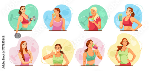 Set of women engaged in fitness, healthy eating, and drinking habits on colorful abstract backgrounds. Concept of wellness and vitality. Vector illustration