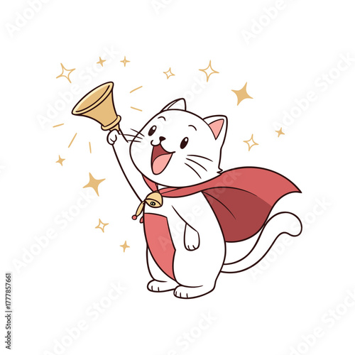 Cute cartoon cat wearing a red cape rings a golden bell surrounded by stars