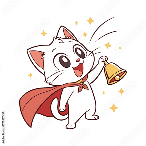 Cute cartoon white cat wearing a red cape and ringing a bell with stars