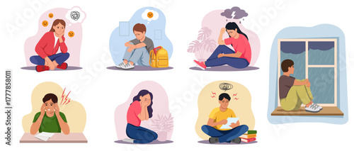 Set of sad and anxious students showing stress, depression, and emotional struggle in cartoon style on white background. Concept of mental health. Vector illustration