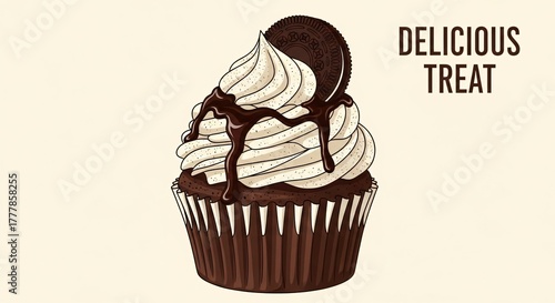 A delicious chocolate cupcake with white frosting, chocolate syrup drizzle, and an oreo cookie on top, presented as a delightful treat