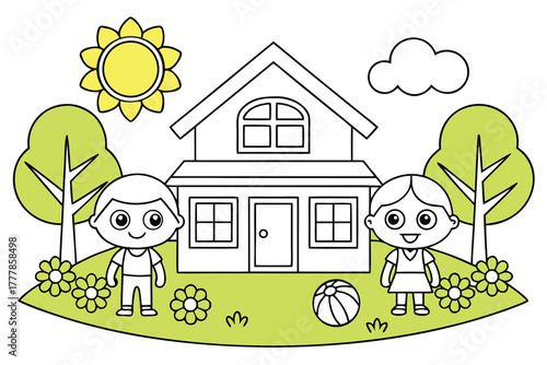  cartoonish illustration of a house with a yard. Two children stand in front of the house, with trees and flowers on either side. 