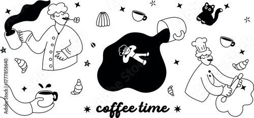 Artistic doodle set inspired by Paris coffee culture — chic characters and warm coffee moments.