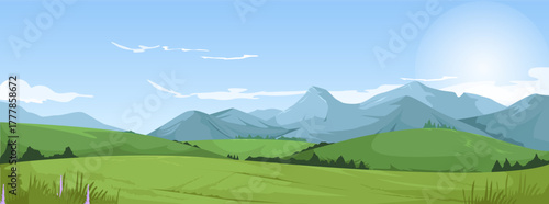 Wide landscape of green hills and distant mountains under a sunny sky, with grass and clouds on a bright morning. Vector illustration