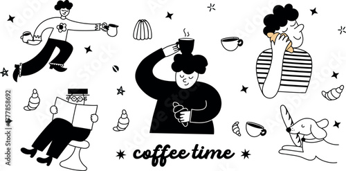 Stylish line art of coffee time — cozy scenes, cups, and croissants in minimal black and white.