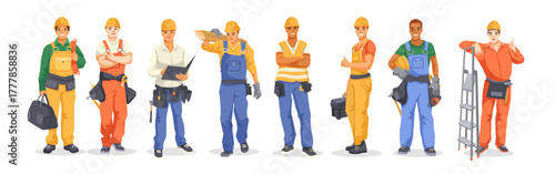 Group of male construction workers in colorful uniforms holding tools and equipment, cartoon style on white background. Concept of teamwork. Vector illustration