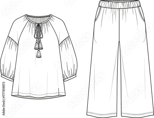 Women's fashion sketch, boho top, wide leg pants, technical drawing, casual outfit, garment design, puff sleeve, cropped trousers, tassel tie, relaxed fit