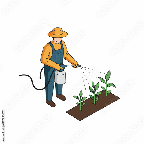 Isometric Illustration of Farmer Sprays Pesticides on Plants in the Field