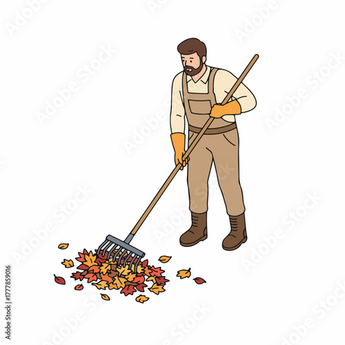Flat Isometric Gardener Raking Leaves Man Fall Season Illustration