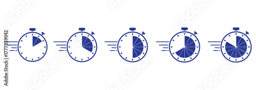 Visual representation of time intervals from 5 minutes to 1 hour. Timer, clock, stopwatch isolated set icons. Blue color, Vector illustration. EPS 10.