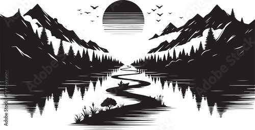 Minimalist Mountain River Landscape Silhouette at Night