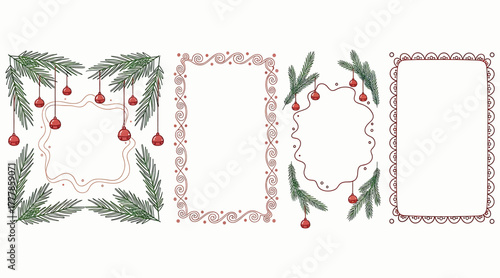 Festive christmas frames adorned with pine branches and red ornaments, isolated on white background, perfect for adding a touch of holiday cheer to your designs and creative projects