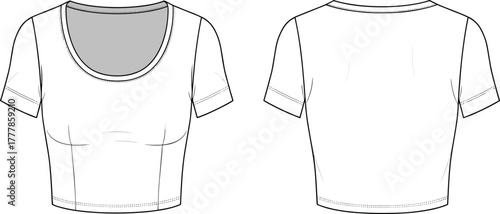 Cropped t-shirt, scoop neck, technical sketch, fashion flat, short sleeve, fitted silhouette, garment design, apparel template, front back view