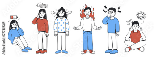 Set of cartoon children expressing different emotions and mental states, hand-drawn style on white background. Concept of stress and feelings. Vector illustration