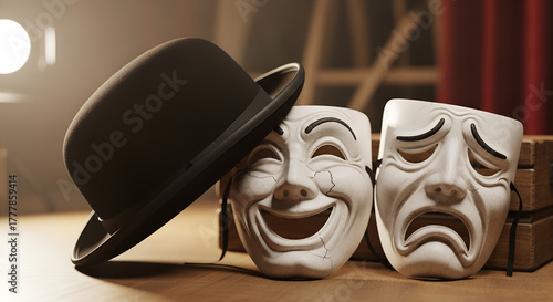 A black bowler hat and two theatrical masks, symbolizing comedy and tragedy. The concept of theater, drama, emotions, and classical style.