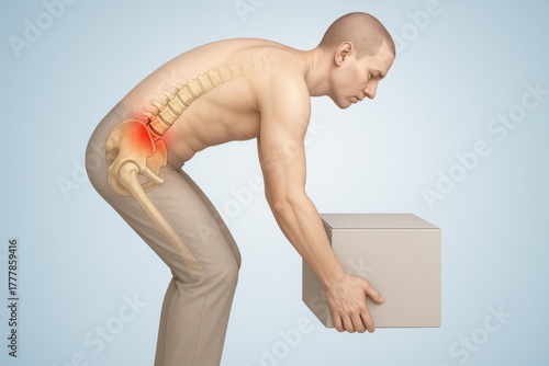 3D medical anatomical side-view of human figure bending forward lifting box with improper posture, region highlighted in red, realistic visualization illustrating lumbar strain and disc stress.
