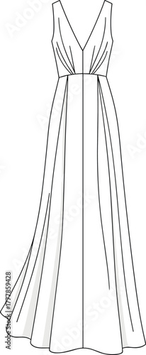 Long sleeveless dress sketch, deep V-neckline, technical fashion illustration, flowing pleated skirt, garment template, line art, apparel design