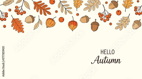 A charming autumnthemed design, isolated on white background, featuring falling leaves, acorns, and berries, with the words hello autumn in a stylish script font