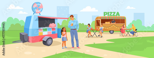 People enjoying food and drinks at colorful food trucks in a park, cartoon style, with a cityscape and greenery in the background. Vector illustration