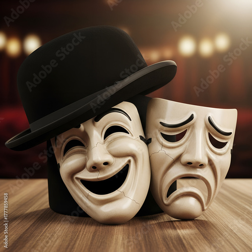 A black bowler hat and two theatrical masks, symbolizing comedy and tragedy. The concept of theater, drama, emotions, and classical style.