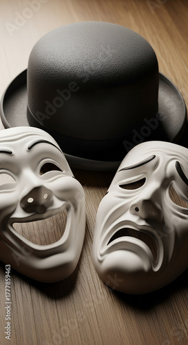 A black bowler hat and two theatrical masks, symbolizing comedy and tragedy. The concept of theater, drama, emotions, and classical style.