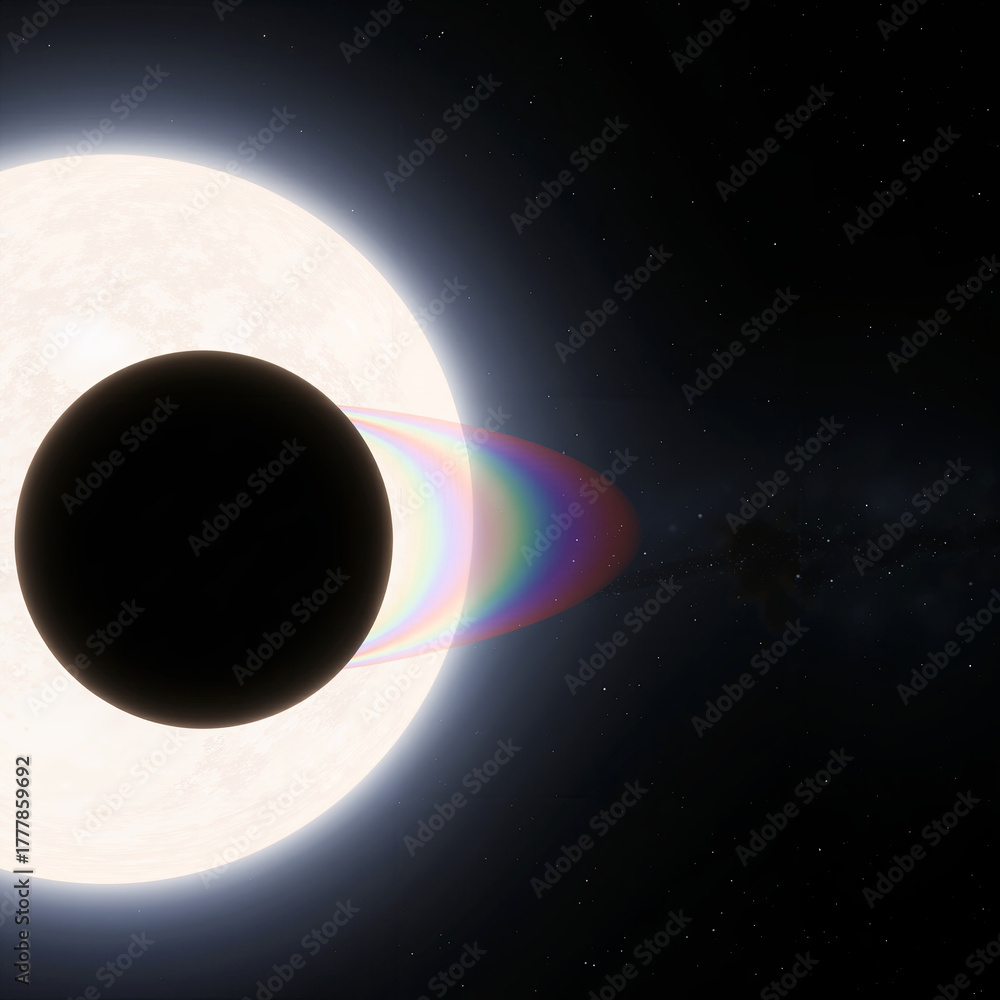 Fototapeta premium dark exoplanet transits a bright white star, with starlight refracting through its atmosphere, creating a distinct rainbow spectral dispersion. Exoplanet spectroscopy concept.