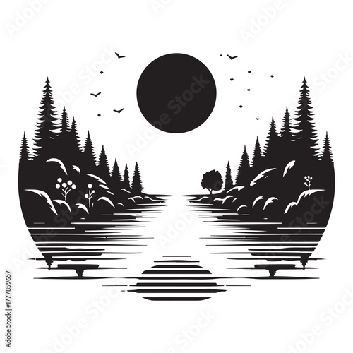 Minimalist Mountain River Landscape Silhouette at Night