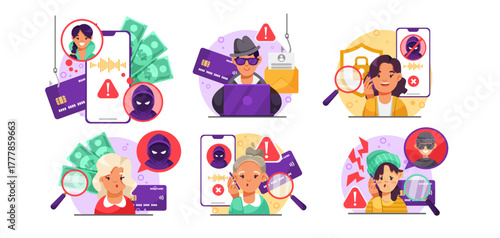 Set of illustrations showing people detecting online scams, identity theft, and banking fraud, in flat cartoon style on white background. Concept of cybersecurity. Vector illustration