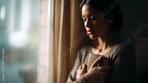 Young believing woman clutching the Bible to her chest in prayer and faith
