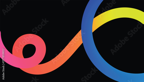 Vibrant abstract background with colorful wavy gradient ribbons and tubular shapes on black backdrop for futuristic design