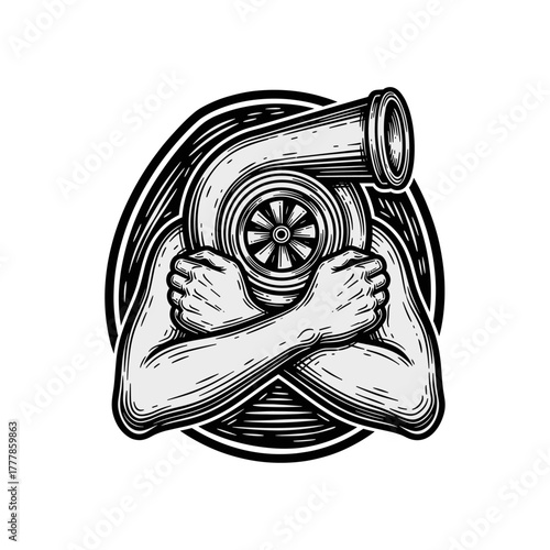 Arm wrapped around turbo, Turbo sketch icon logo flat vector design